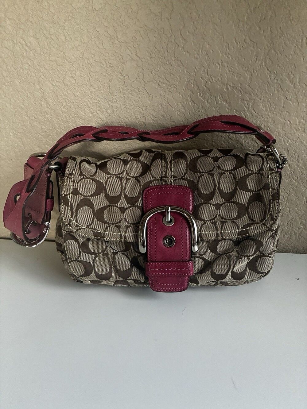 Coach Signature Jacquard Soho Y2K Hot Pink Braided Strap Shoulder Bag Purse